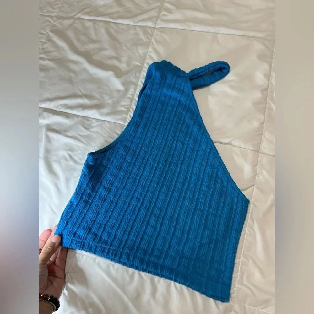 Zara Asymmetrical Boho Hippie Cable Knit Blue Crop Top size S - Picture 6 of 9